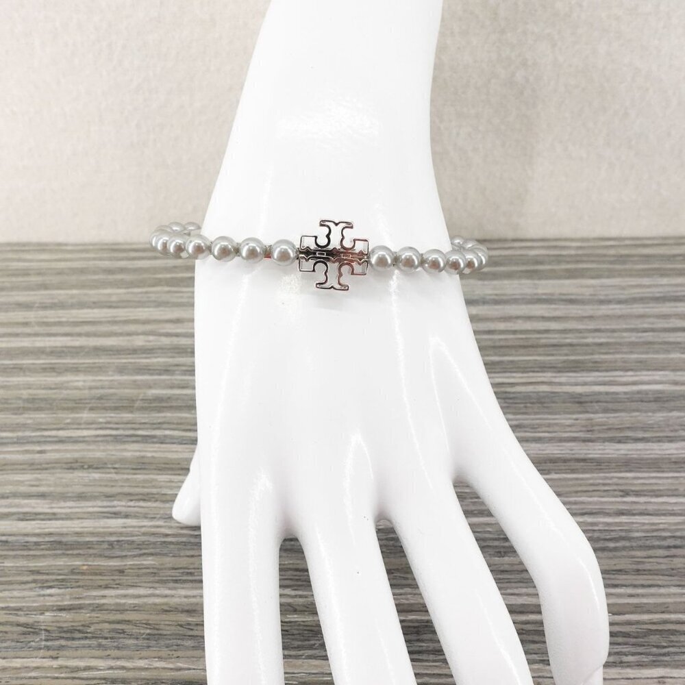 Tory Burch Logo Pearl Cuff Bangle Silver OS - Picture 5 of 14